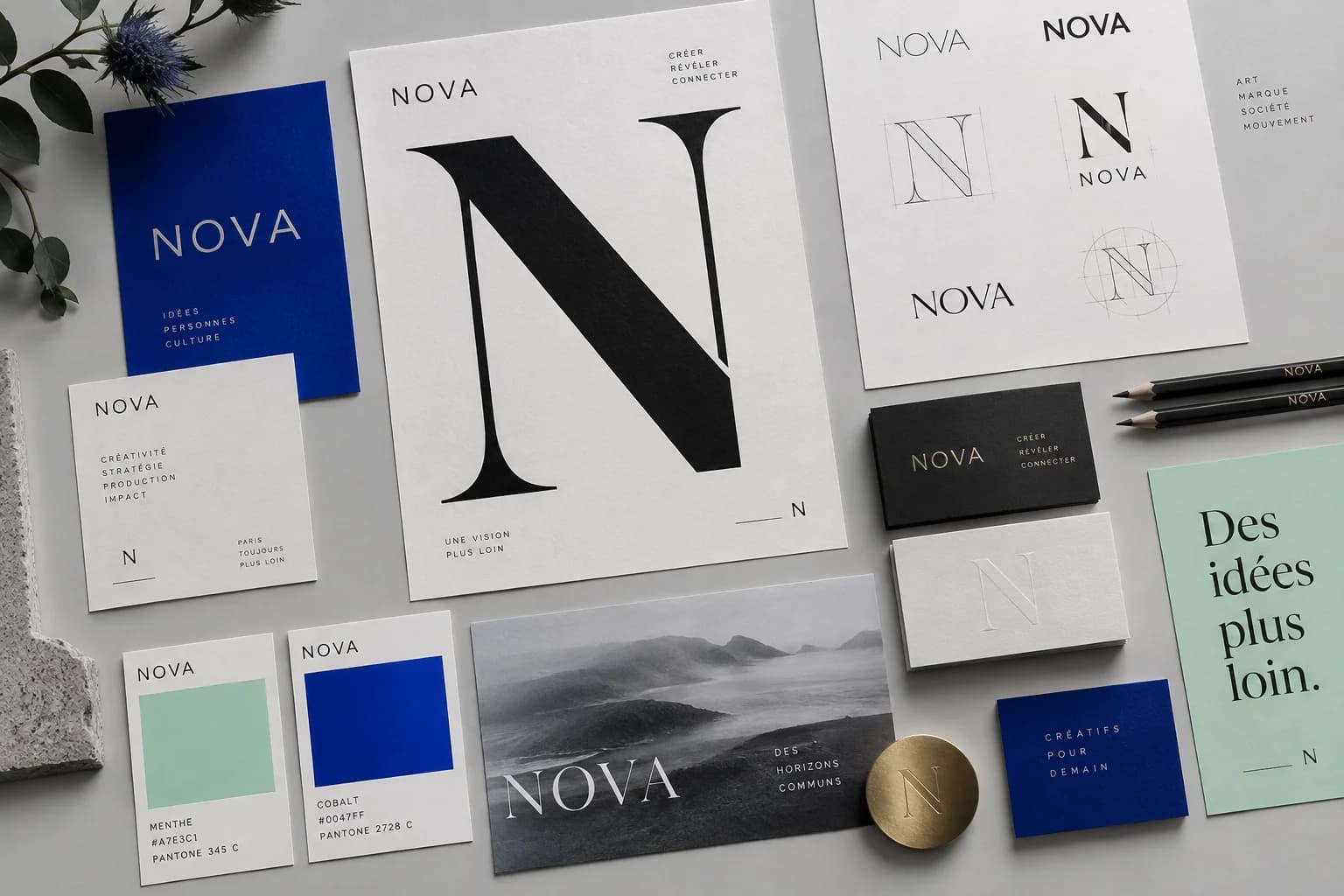 NOVA brand identity: typography, colour samples and stationery