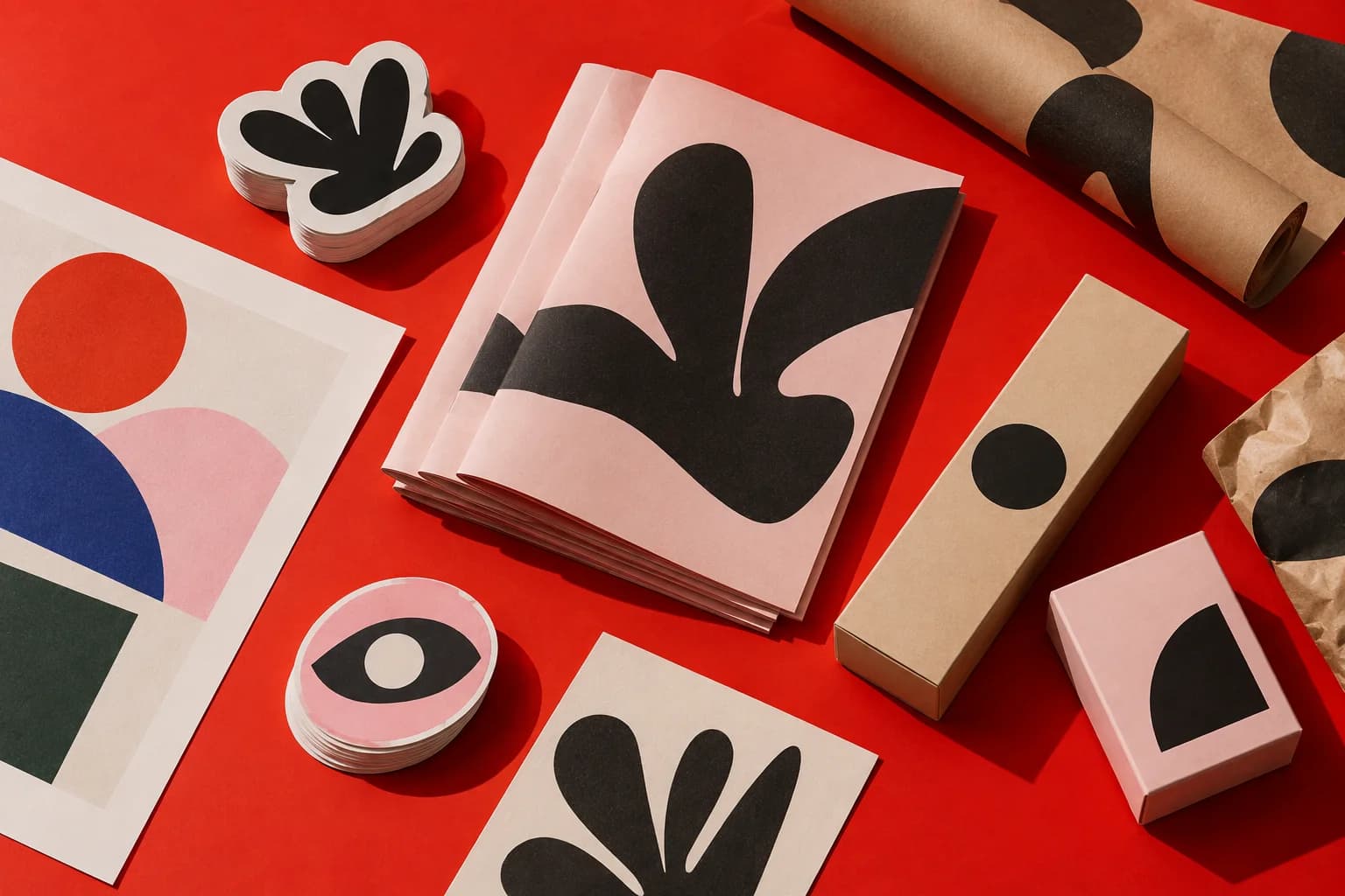Colourful stickers, brochures and packaging