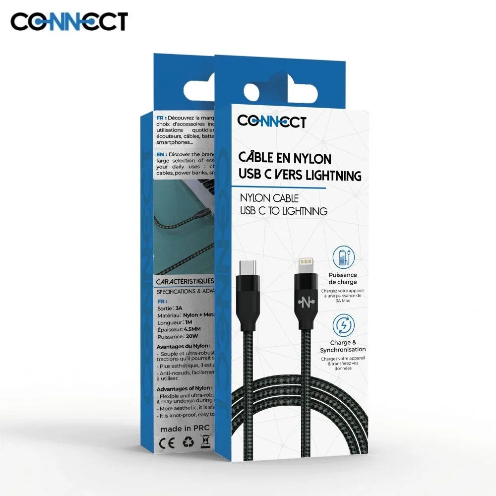 Câble Data USB-C vers Lightning CONNECT Nylon Tressé 20W (1m) Noir — vue 2