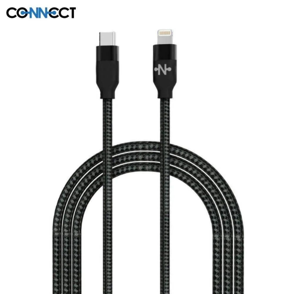 Câble Data USB-C vers Lightning CONNECT Nylon Tressé 20W (2m) Noir