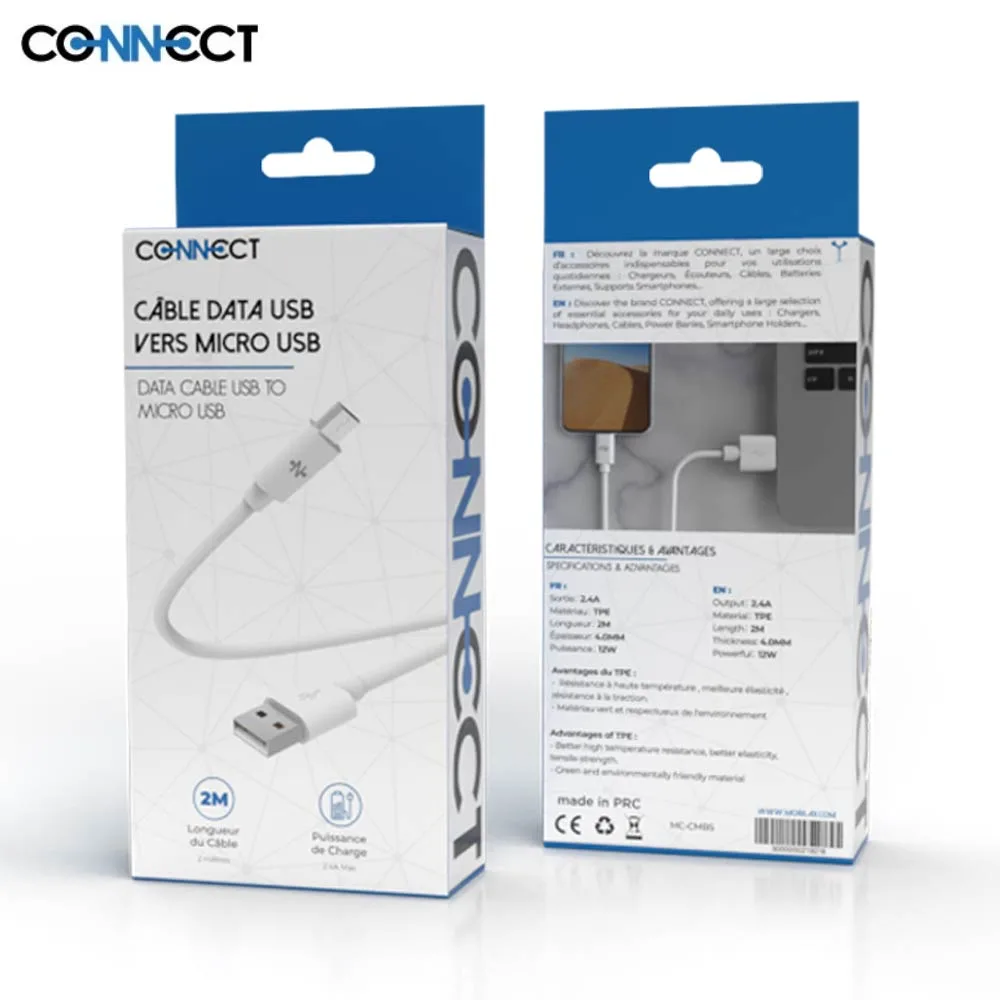 Câble Data USB vers Micro USB CONNECT 12W (2m) Blanc — vue 2
