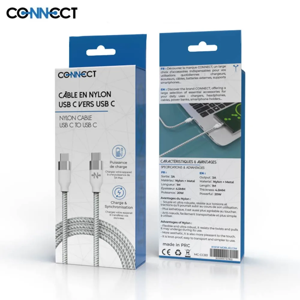 Câble Data USB-C vers USB-C CONNECT Nylon Tressé 60W (1m) Blanc — vue 2