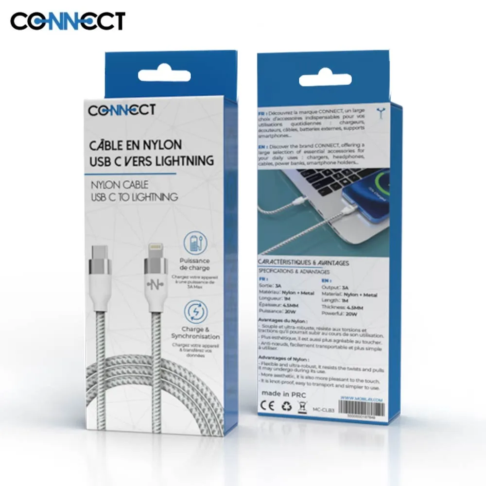 Câble Data USB-C vers Lightning CONNECT Nylon Tressé 20W (1m) Blanc — vue 2