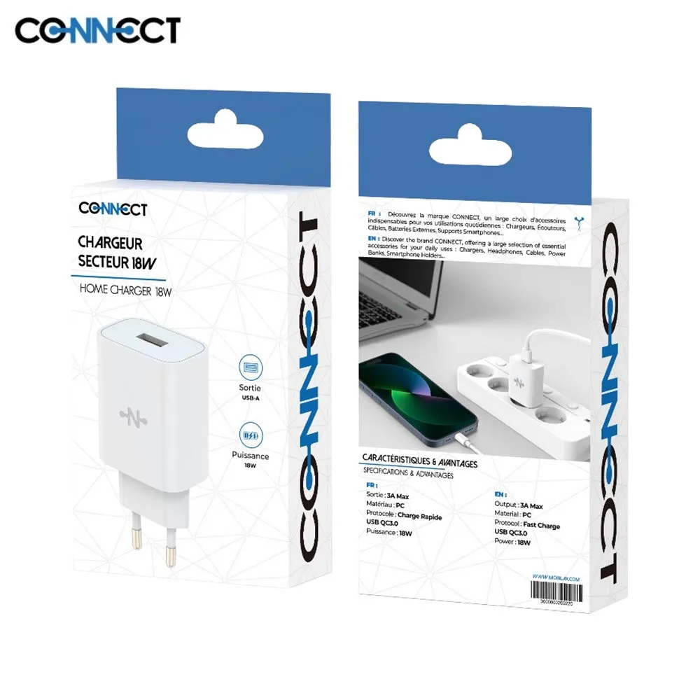 Chargeur Secteur USB CONNECT Charge Rapide 18W QC3.0 Blanc — vue 3