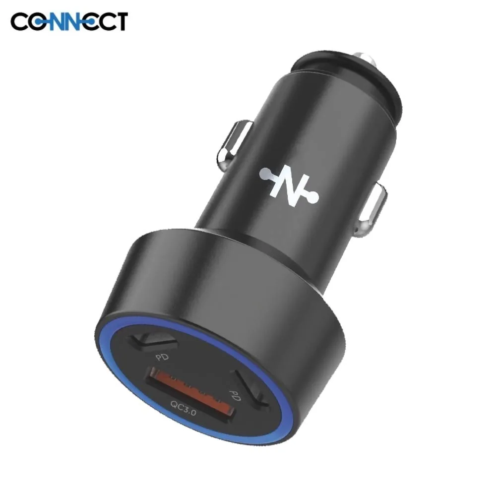 Chargeur Allume-Cigare CONNECT 58W (2x Type-C PD + USB QC3.0) Noir