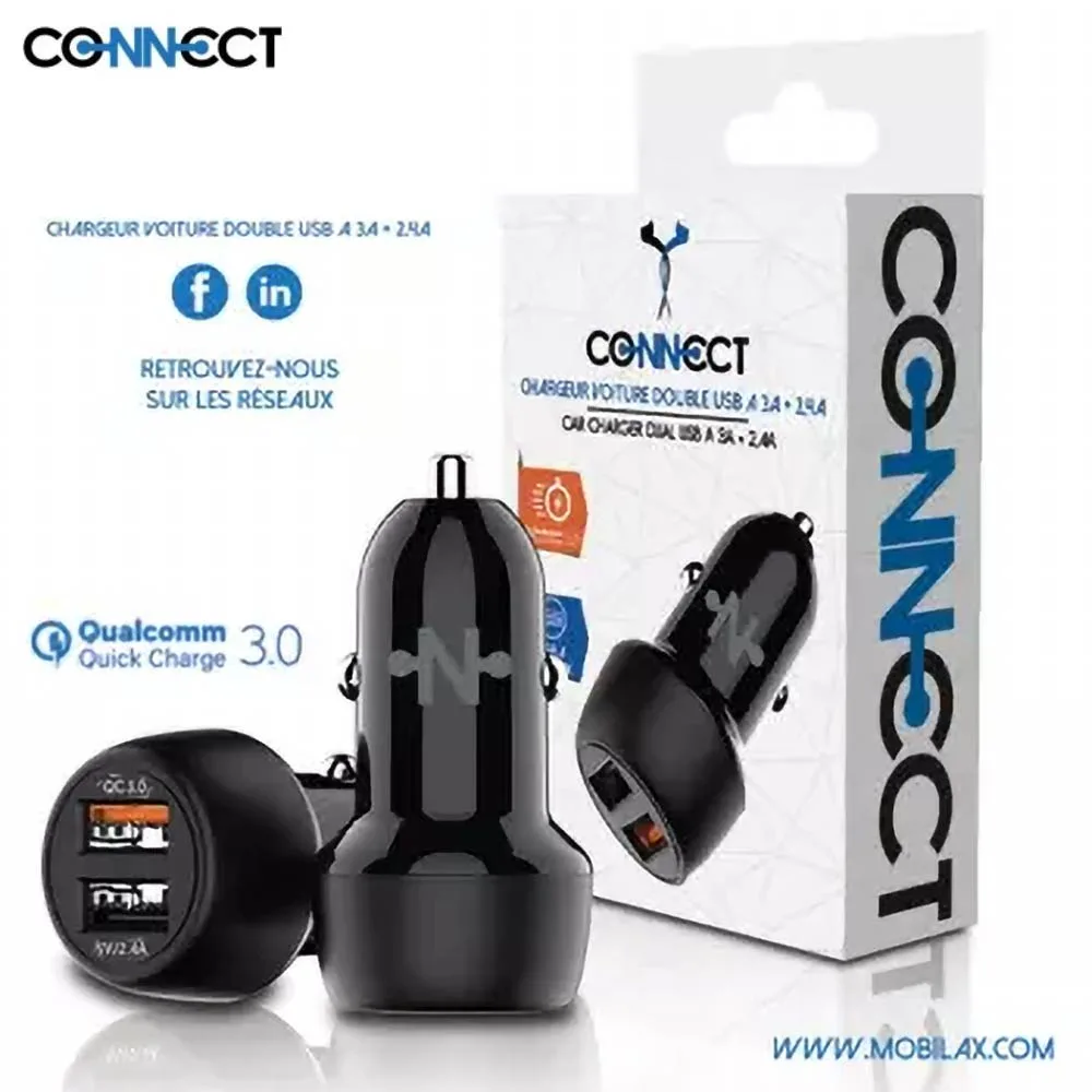 Chargeur Allume-Cigare CONNECT (2x USB QC3.0 2.4A) Noir