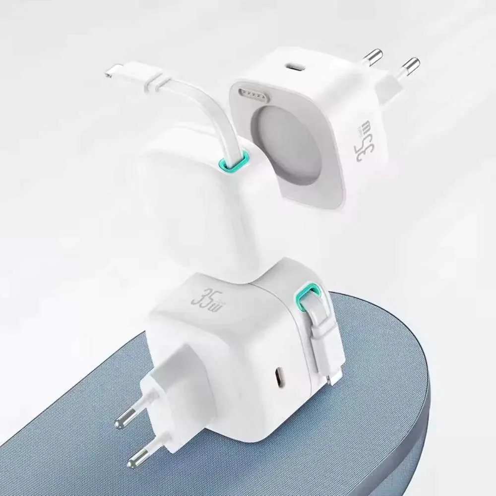Chargeur Secteur GaN Usams Type-C 35W (avec Câble Rétractable Lightning) Blanc — vue 2