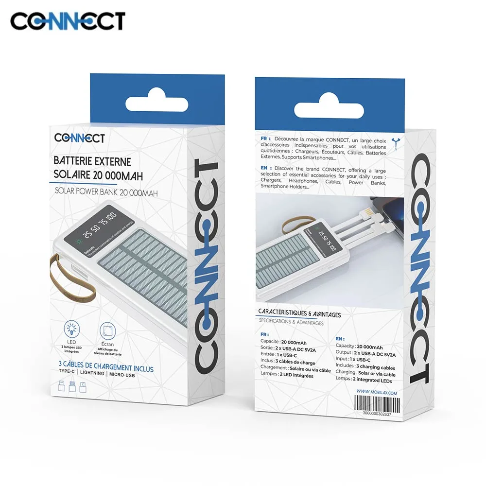 Batterie Externe Power Bank Solaire CONNECT 20000mAh Blanc — vue 3