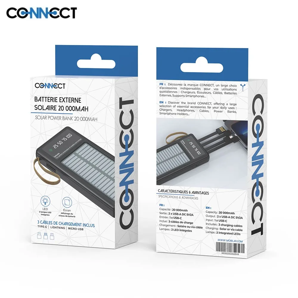 Batterie Externe Power Bank Solaire CONNECT 20000mAh Noir — vue 3