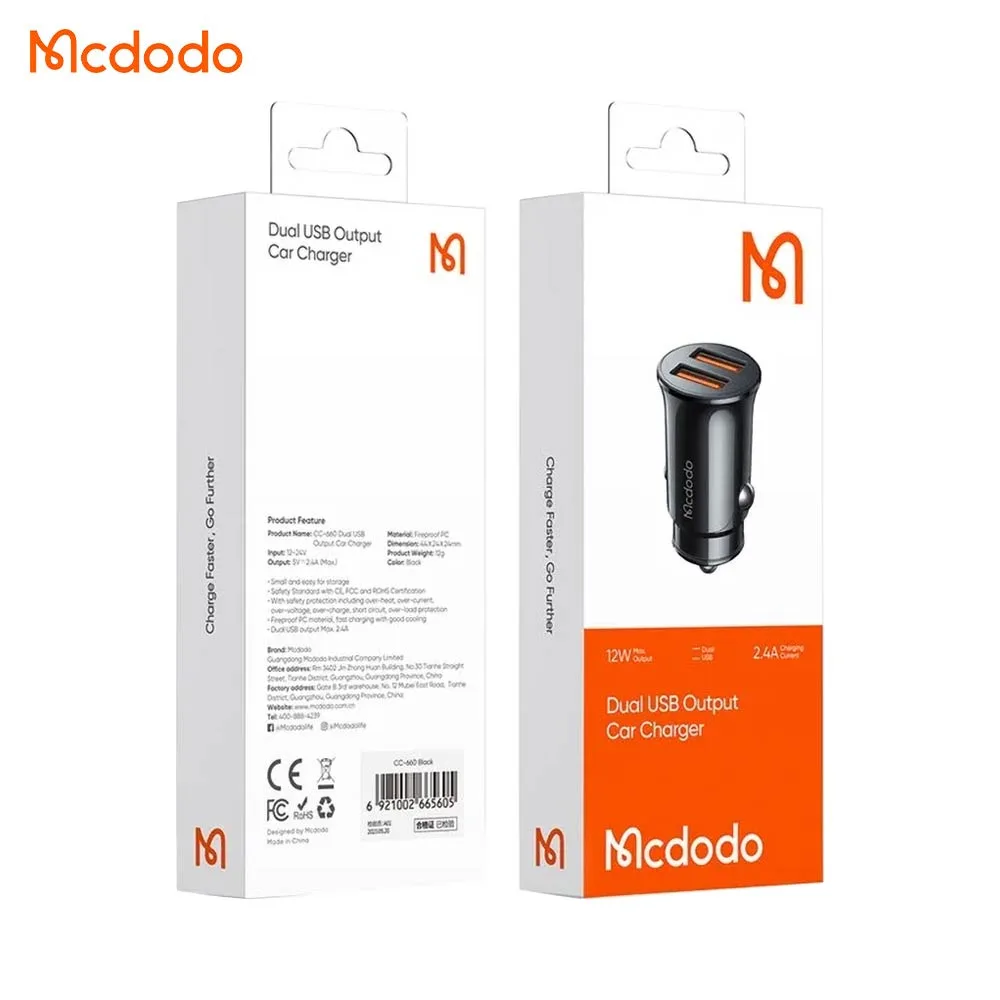 Chargeur Allume-Cigare Mcdodo 2x USB 12W Noir — vue 3