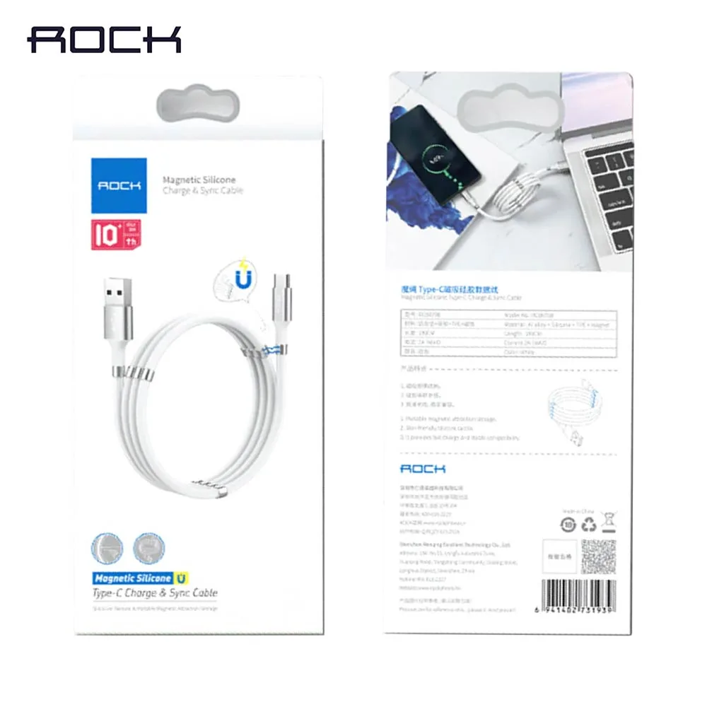 Câble Data USB vers USB-C Rock RCB0798 Enroulable Magnétique 2A (0.90m) Blanc — vue 3