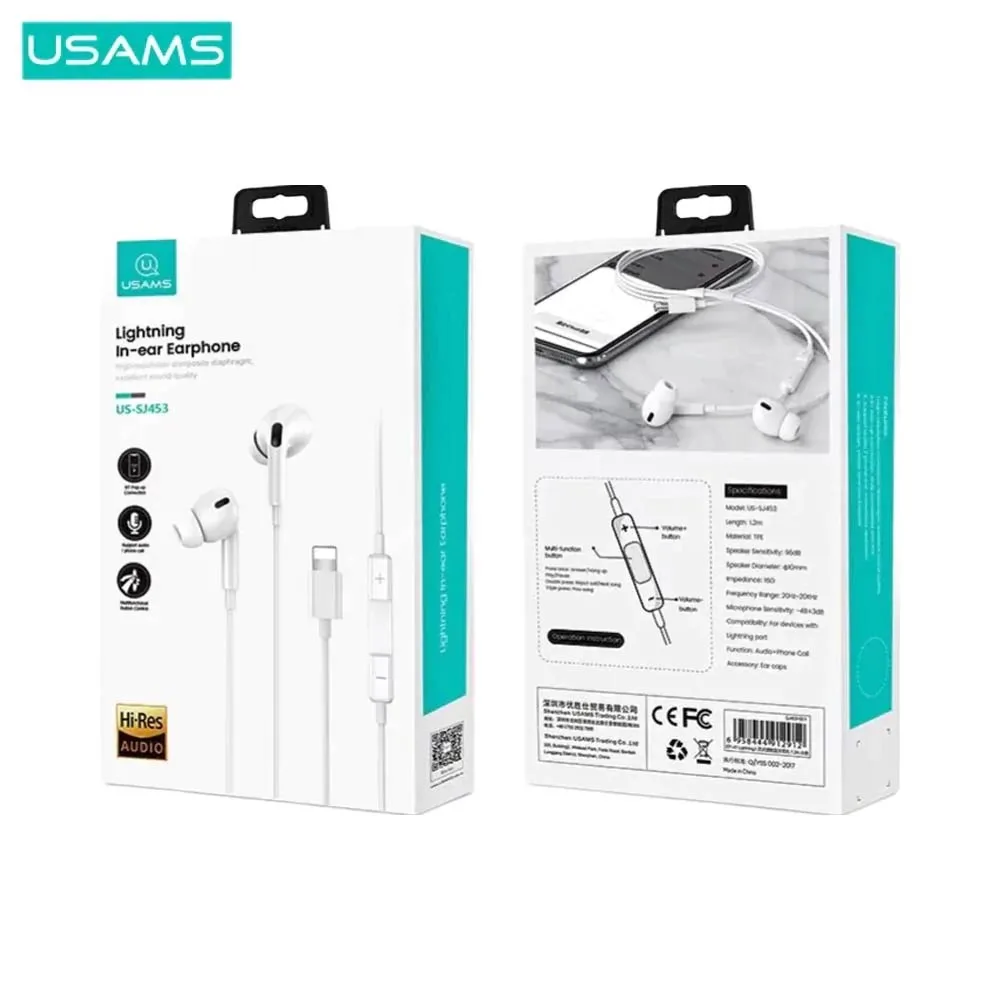 Écouteurs Filaires Lightning Usams (Bluetooth) Blanc — vue 3