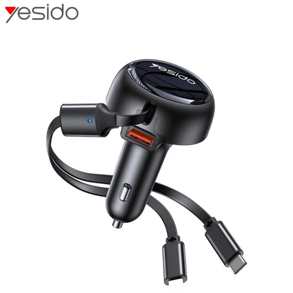 Chargeur Allume-Cigare Yesido Y61 53W (avec Câble Rétractable Lightning + Type-C) Noir