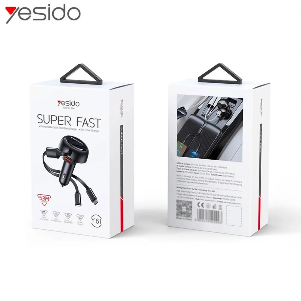 Chargeur Allume-Cigare Yesido Y61 53W (avec Câble Rétractable Lightning + Type-C) Noir — vue 3
