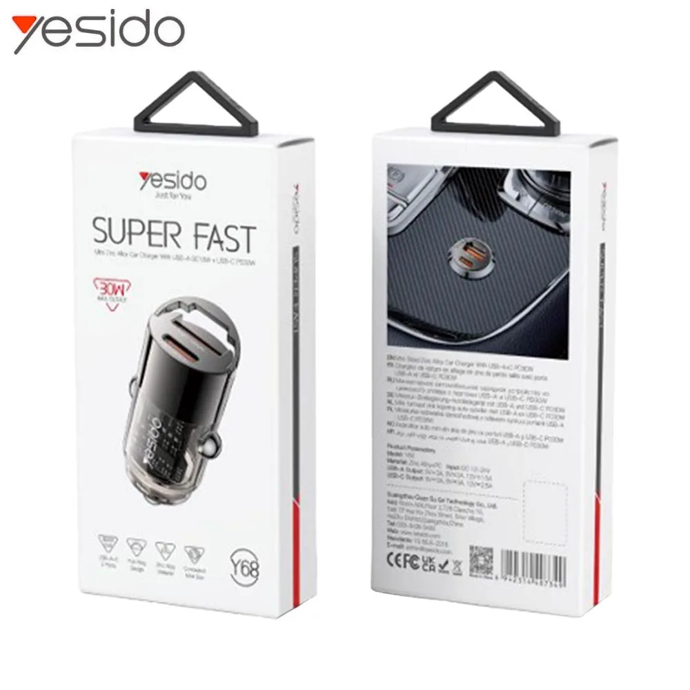 Chargeur Allume-Cigare Yesido Y68 SUPER FAST (Type-C PD30W + USB-A QC18W) Noir — vue 2
