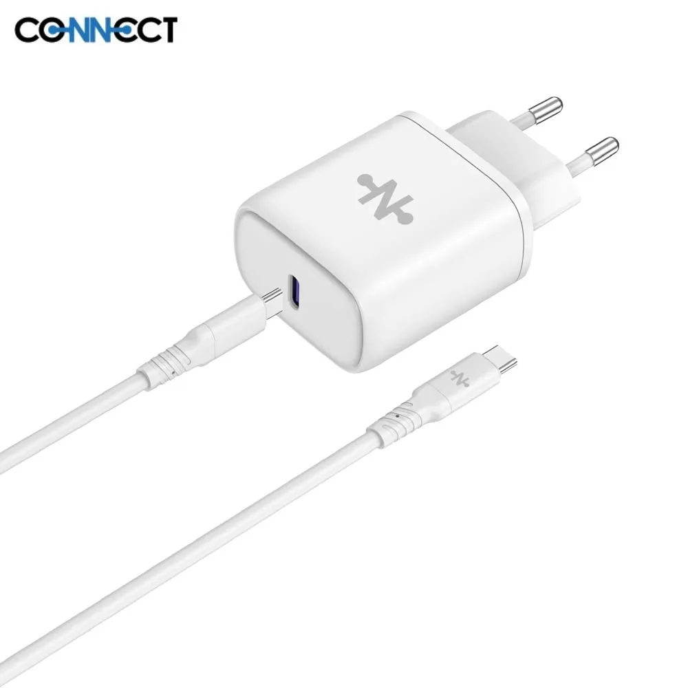 Chargeur Secteur USB-C CONNECT Charge Rapide 25W avec Câble Data Type-C vers Type-C (1m) Blanc