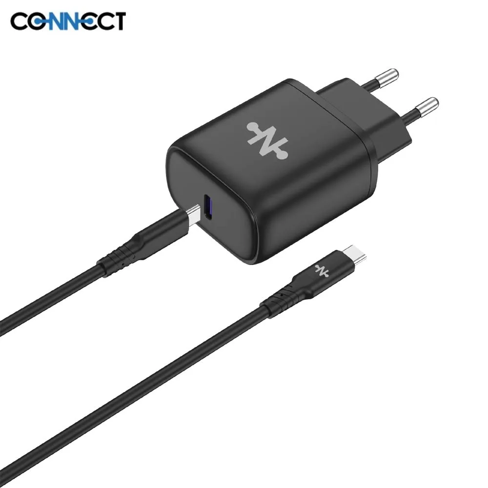 Chargeur Secteur USB-C CONNECT Charge Rapide 25W avec Câble Data Type-C vers Type-C (1m) Noir