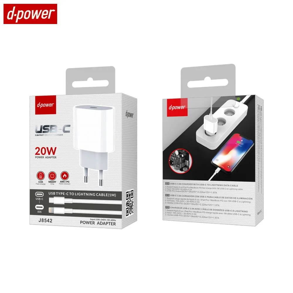Chargeur Secteur USB-C d-power J8542 20W avec Câble Data Type-C vers Lightning (1m) Blanc
