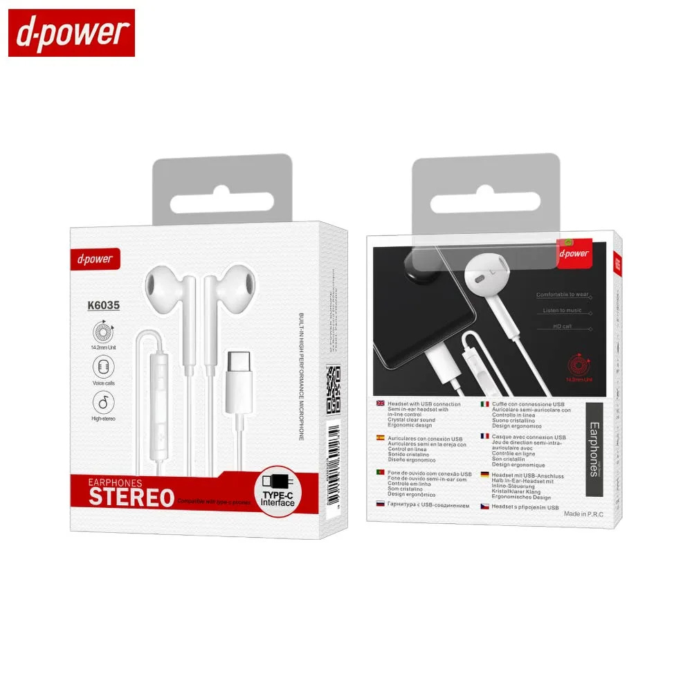 Écouteurs Filaires USB-C d-power K6035 Blanc
