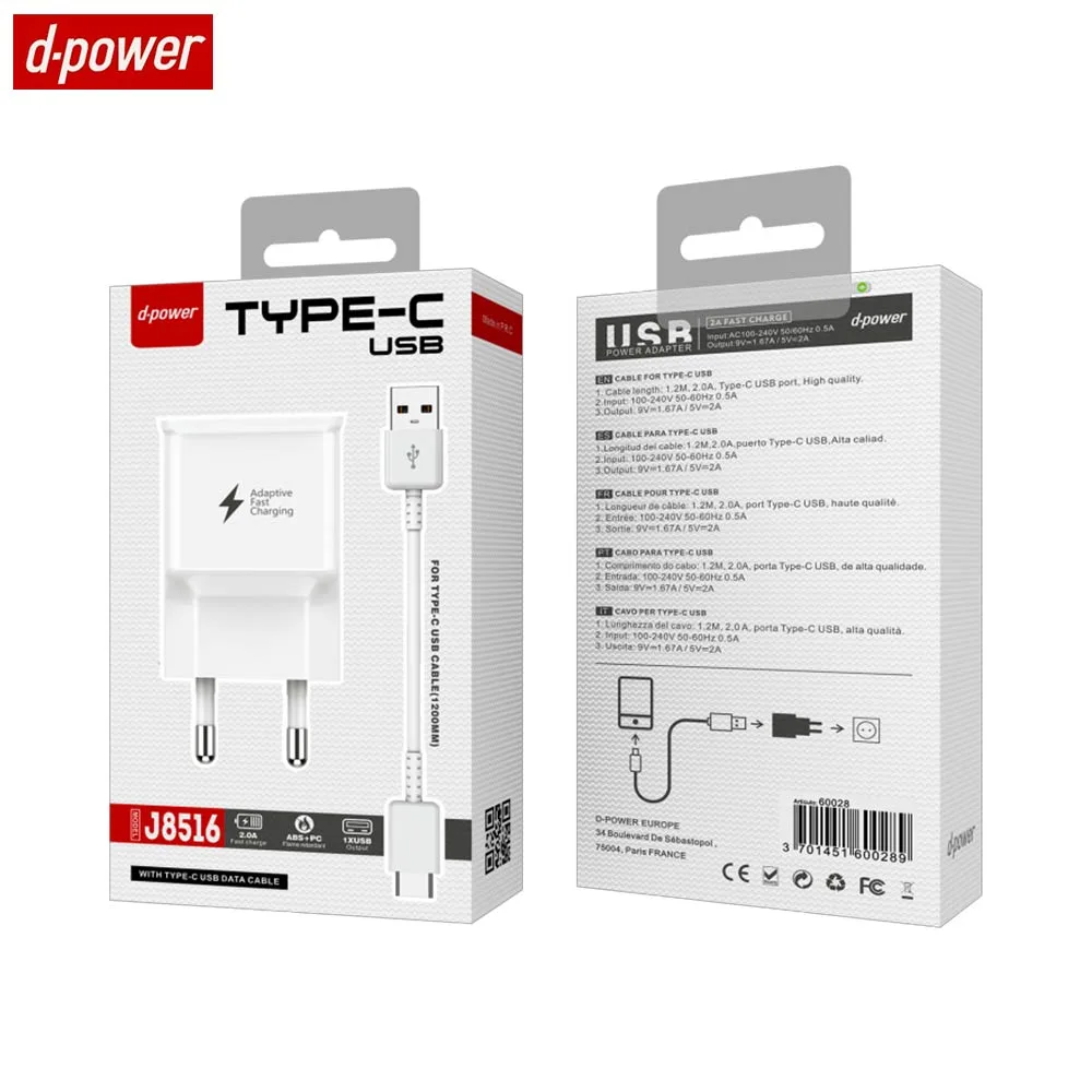 Chargeur Secteur USB d-power J8516 avec Câble Data USB vers Type-C (1.2m) Blanc