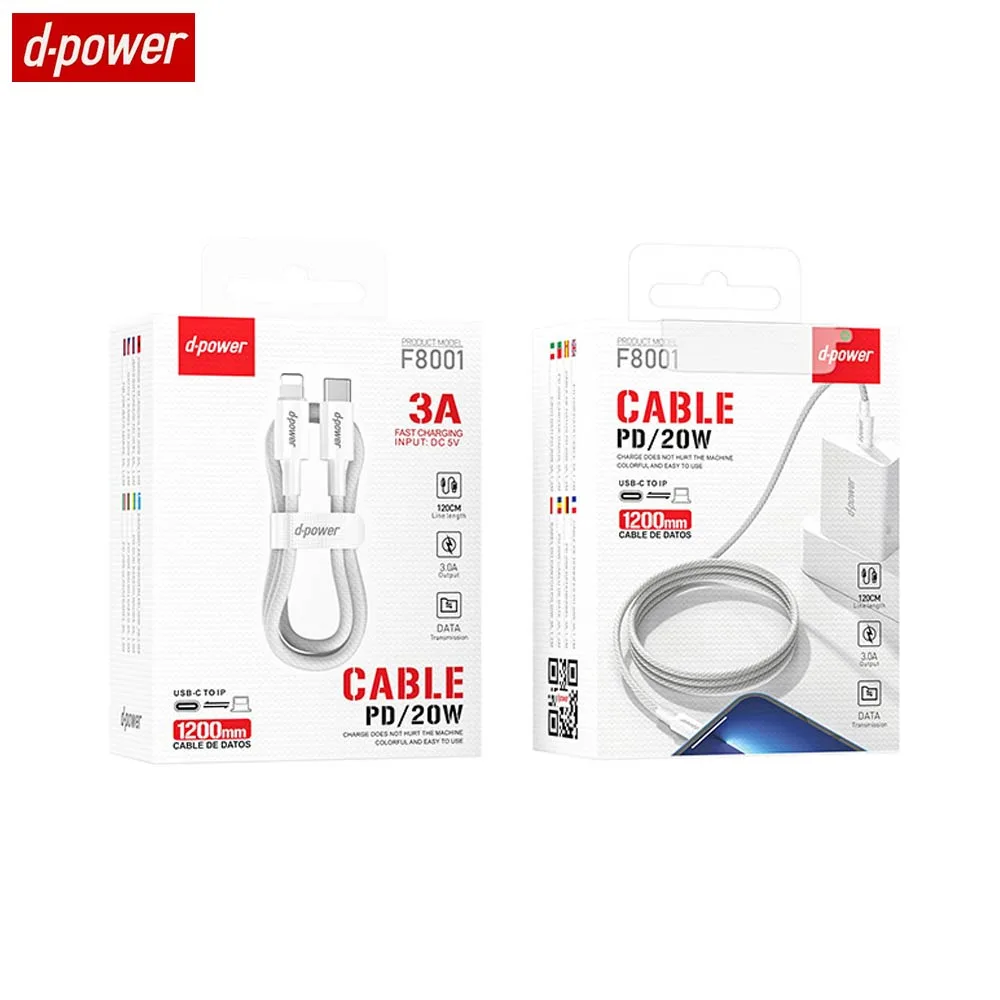 Câble Data USB-C vers Lightning d-power F8001 Nylon Tressé 20W (1.2m) Blanc