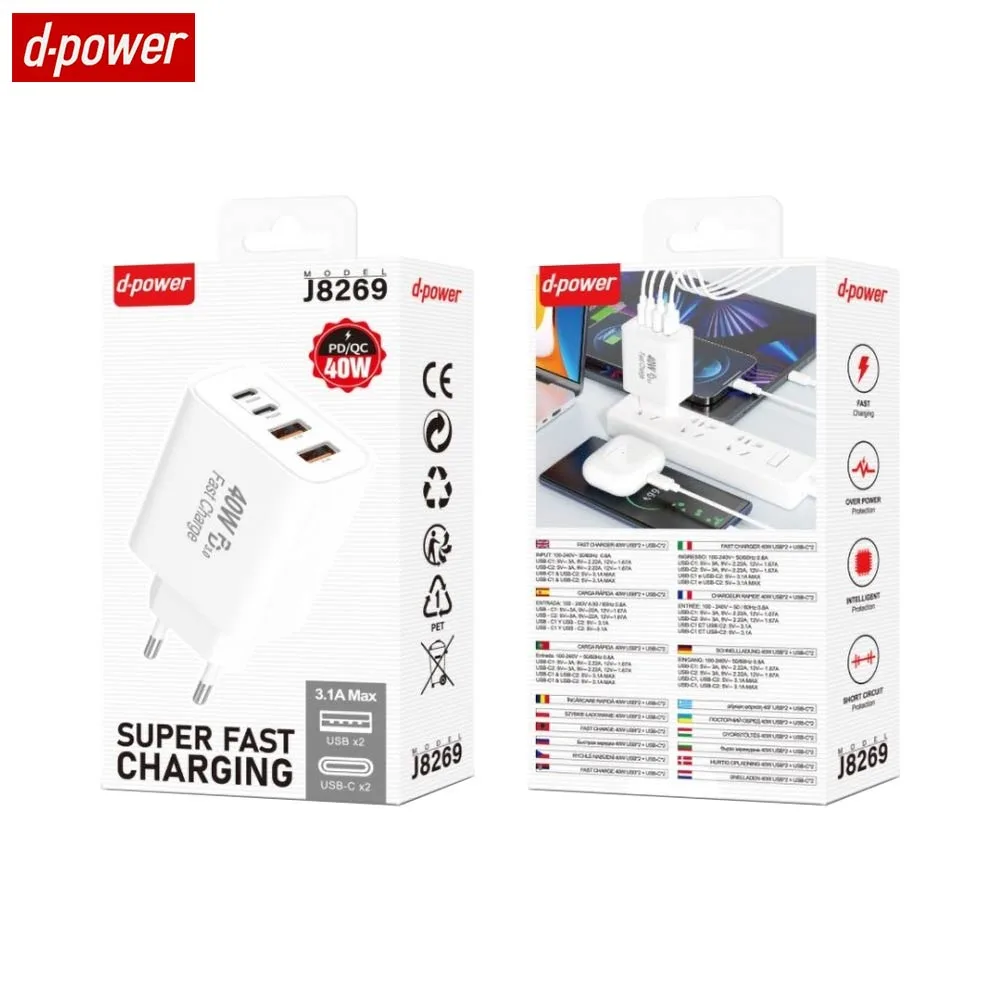 Chargeur Secteur Multi d-power J8269 40W PD3.0 (2x Type-C + 2x USB) Blanc