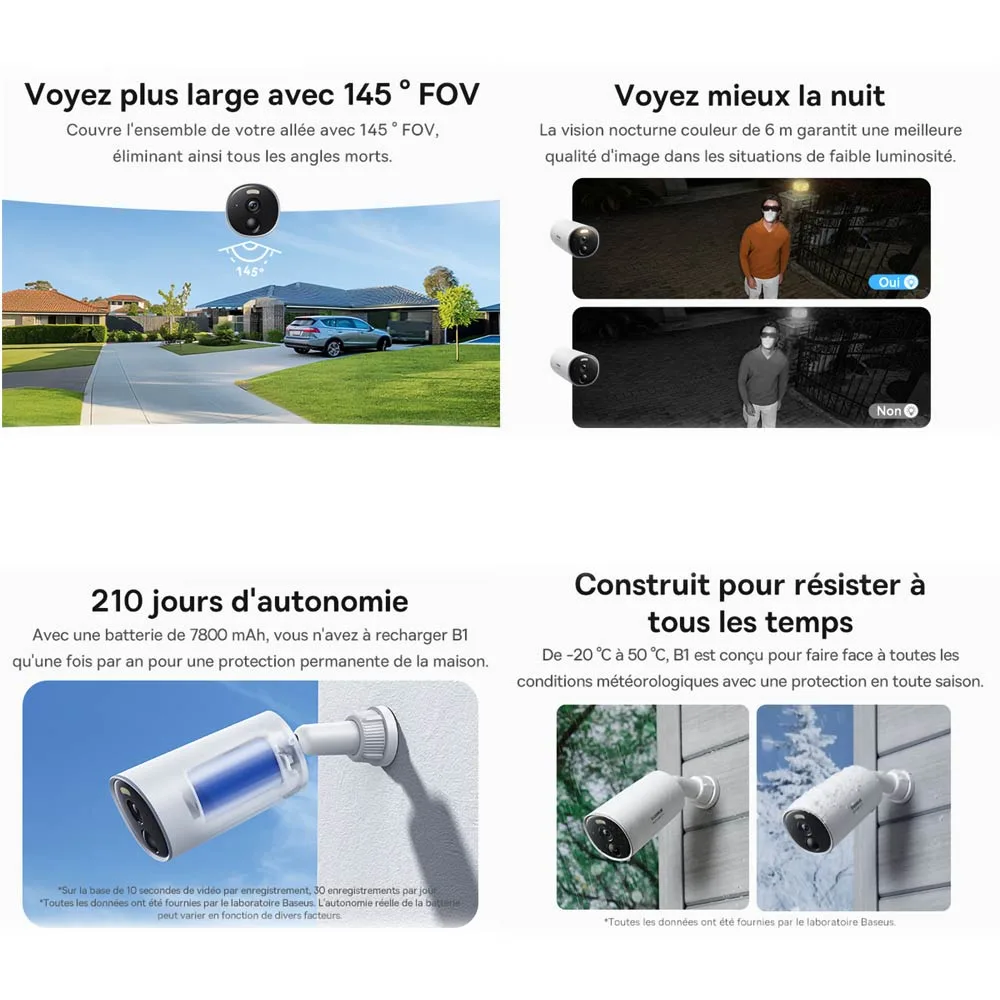 Caméra de Surveillance Sans Fil pour Extérieur Baseus B1 2K 8GB avec Batterie 7800mAh, Vision Nocturne et Micro Bidirectionnel Blanc