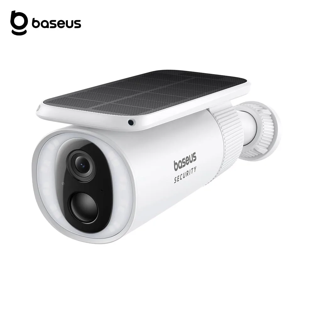 Caméra de Surveillance Sans Fil pour Extérieur Baseus S1 2K 8GB avec Batterie 10400mAh, Panneau Solaire à Système de Suivi, Vision Nocturne et Micro Bidirectionnel Blanc