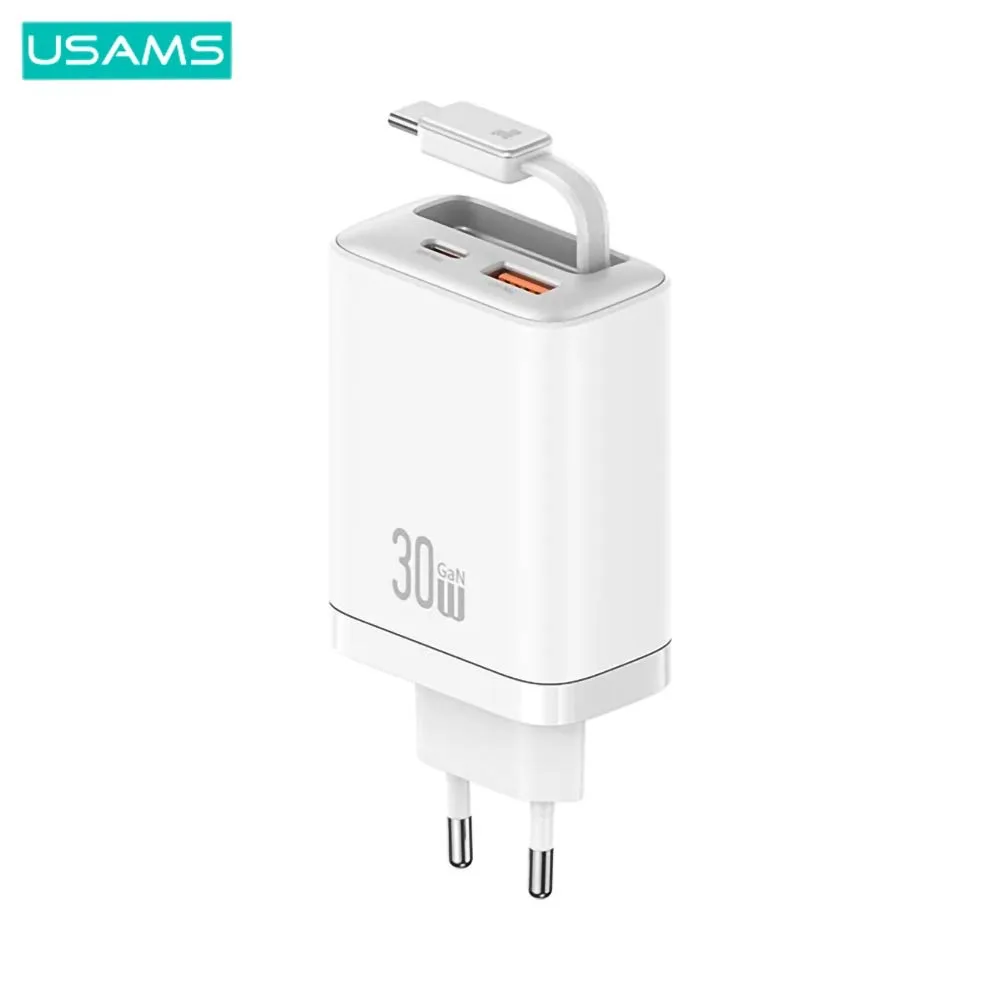 Chargeur Secteur Multi Usams CC296 30W avec Câble Rétractable Type-C Blanc