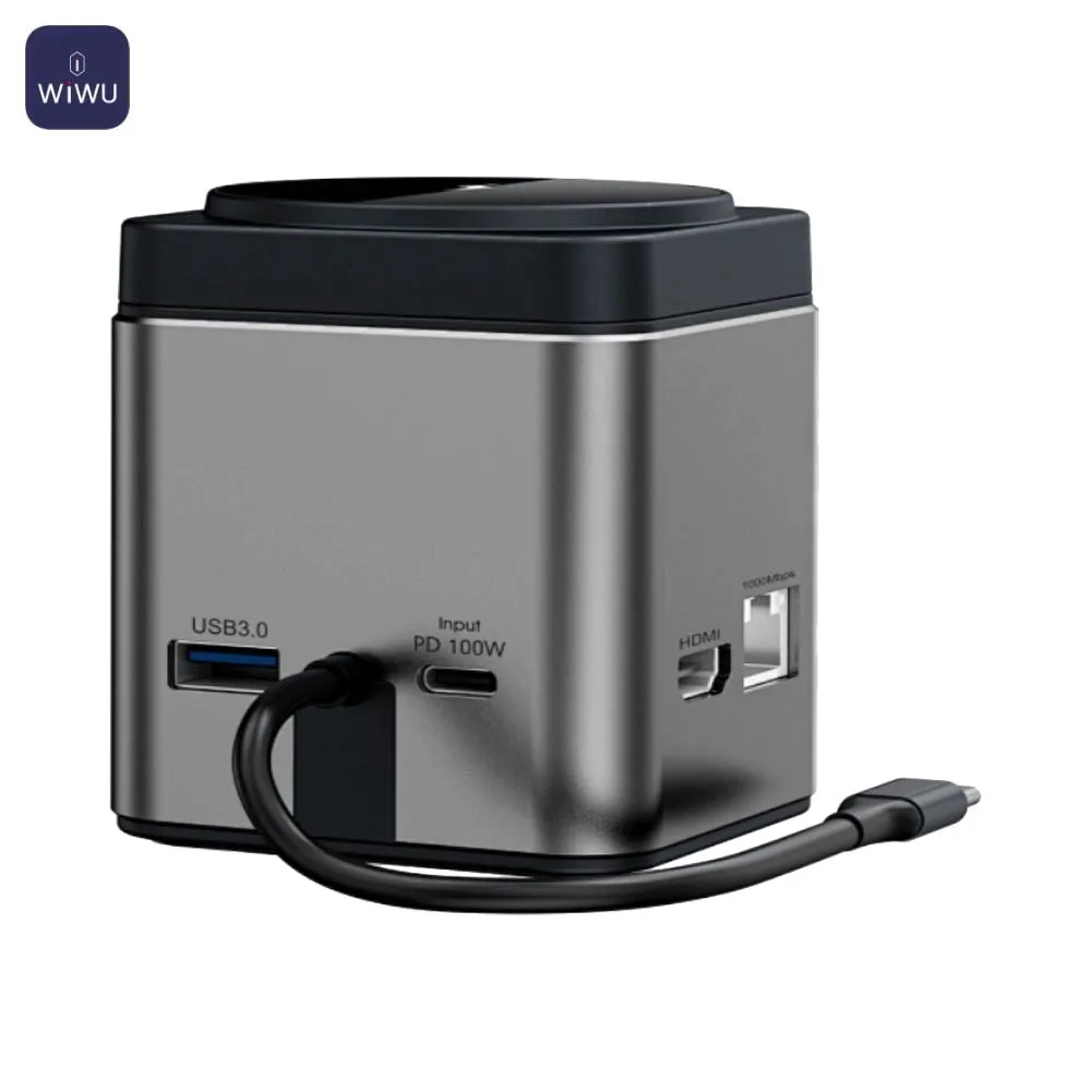 Station d'Acceuil Universelle Wiwu HUB Type-C 9 en 1 sans Fil et Charge Magnétique 100W Gris