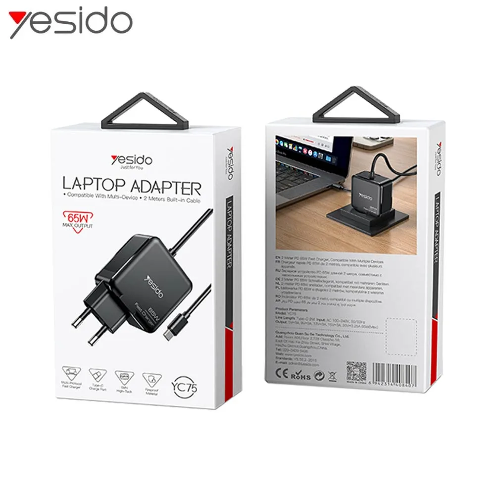 Chargeur PC Yesido YC75 Type-C 65W Noir — vue 3