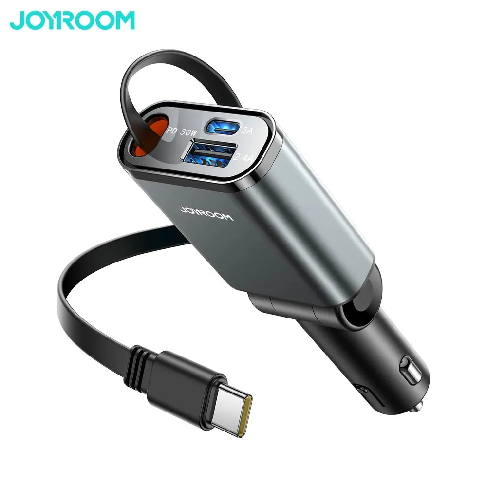 Chargeur Allume-Cigare JOYROOM 3 en 1 (avec Câble Rétractable Type-C) 45W Gris Foncé
