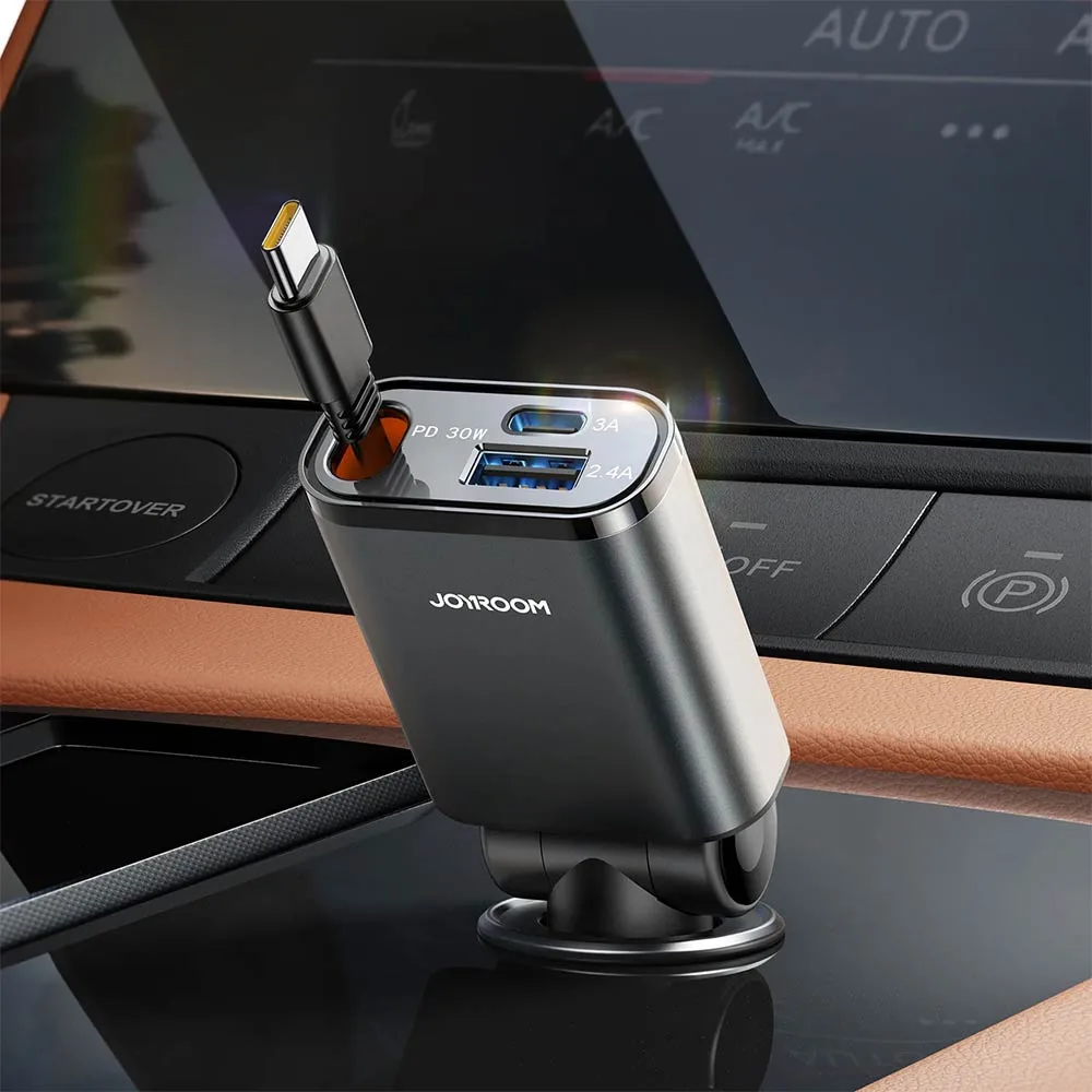 Chargeur Allume-Cigare JOYROOM 3 en 1 (avec Câble Rétractable Type-C) 45W Gris Foncé — vue 2