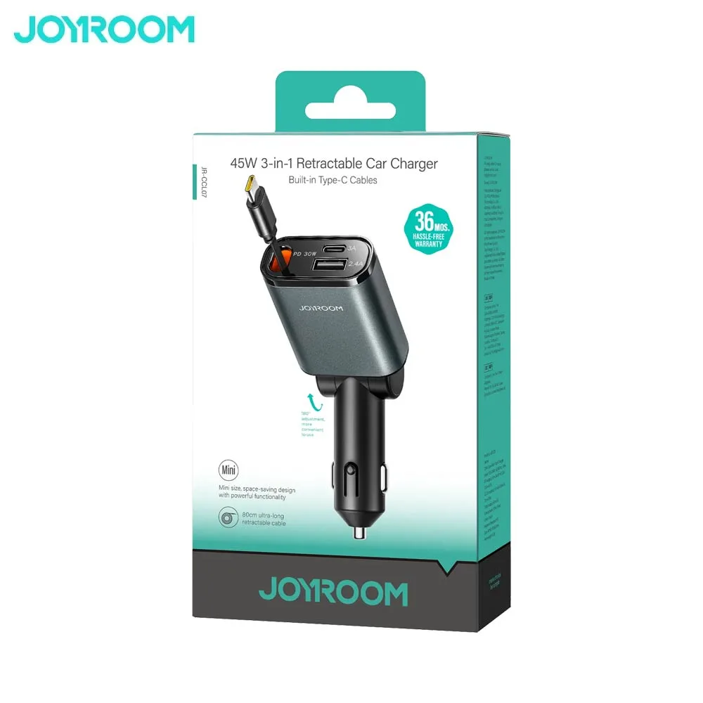 Chargeur Allume-Cigare JOYROOM 3 en 1 (avec Câble Rétractable Type-C) 45W Gris Foncé — vue 4