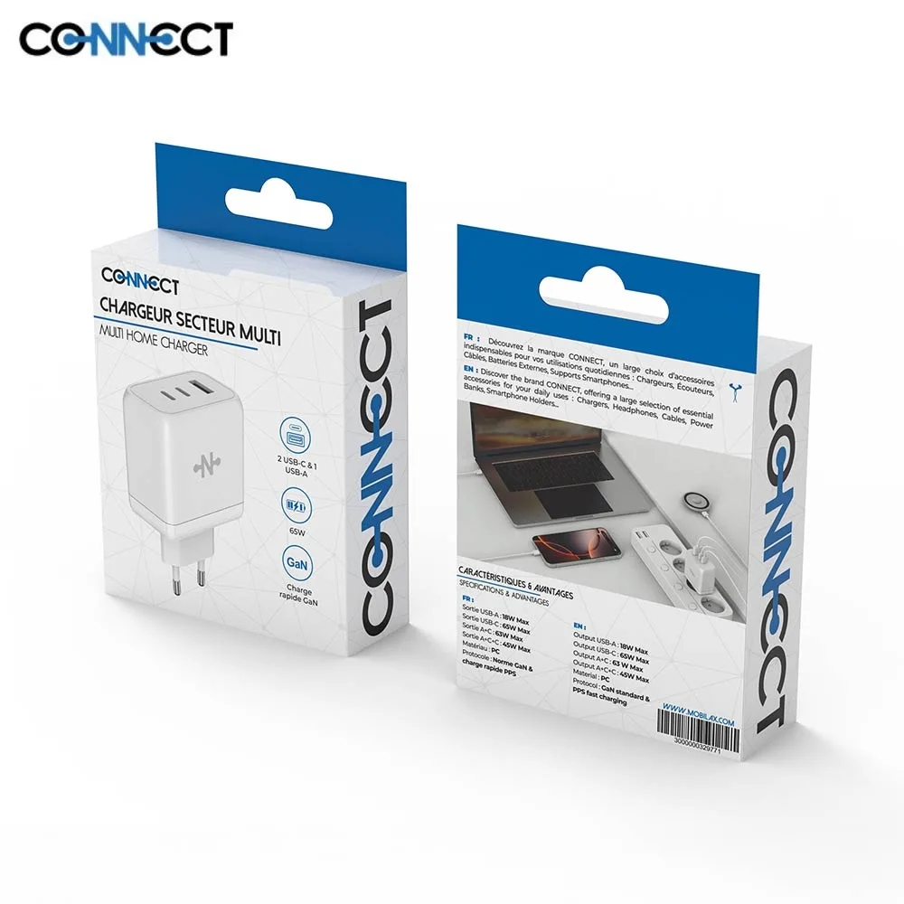 Chargeur Secteur GaN CONNECT 65W (USB + 2 USB-C) Blanc — vue 3