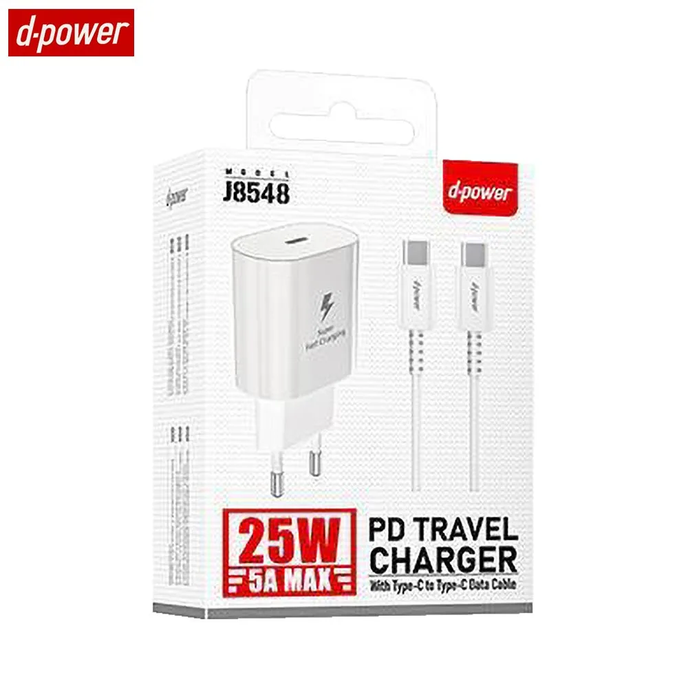 Chargeur Secteur USB-C d-power J8548 Charge Rapide 25W avec Câble Data Type-C vers Type-C Blanc