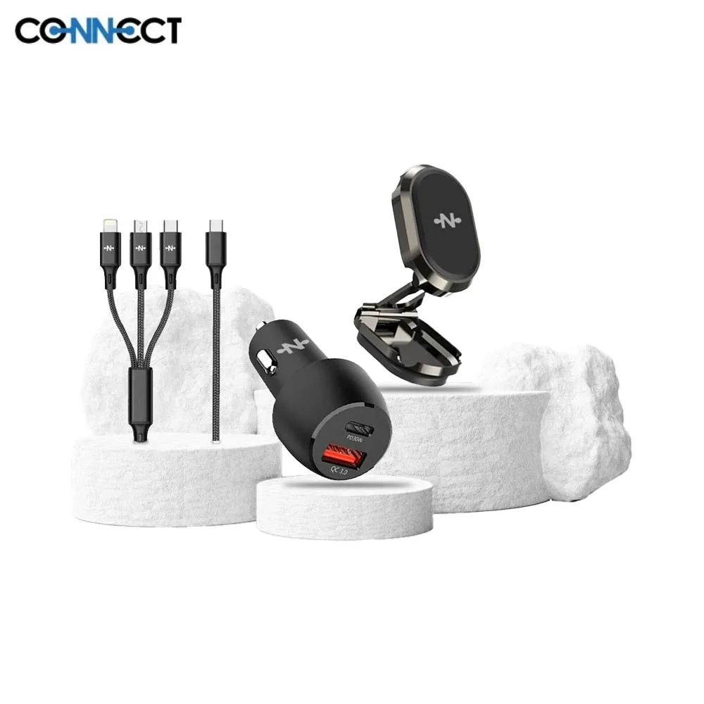 Pack Voiture CONNECT (Support Smartphone Magnétique 360° + Chargeur Allume-Cigare 48W + Câble de Charge 3A 3-en-1) Noir